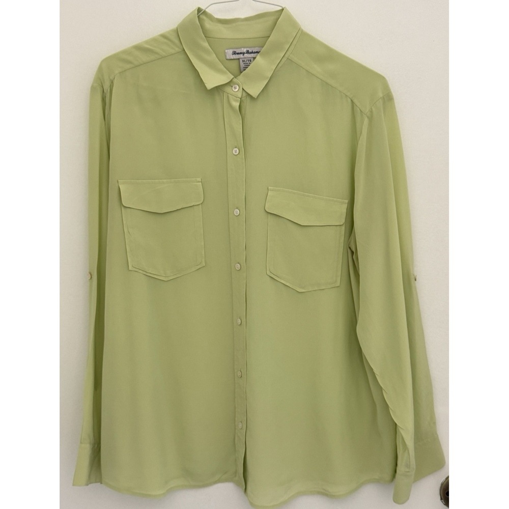 TOMMY BAHAMA Blouse Women's XL Green 100% Silk Button Up Roll-Up Long Sleeves